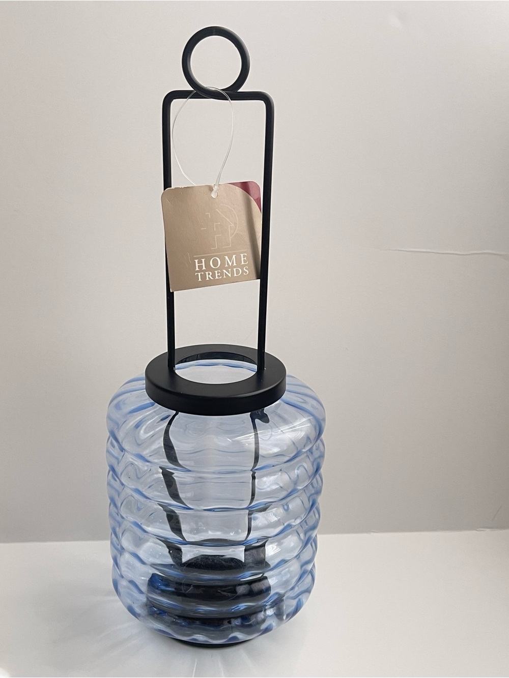 Home Trends Blue Ribbed Glass Lantern with Black Metal Frame
